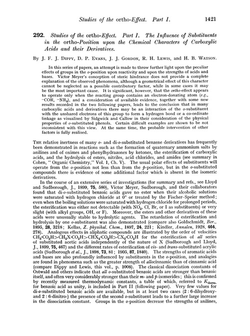 292. Studies of the ortho-effect. Part I. The influence of substituents in the ortho-position upon the chemical characters of carboxylic acids and their derivatives