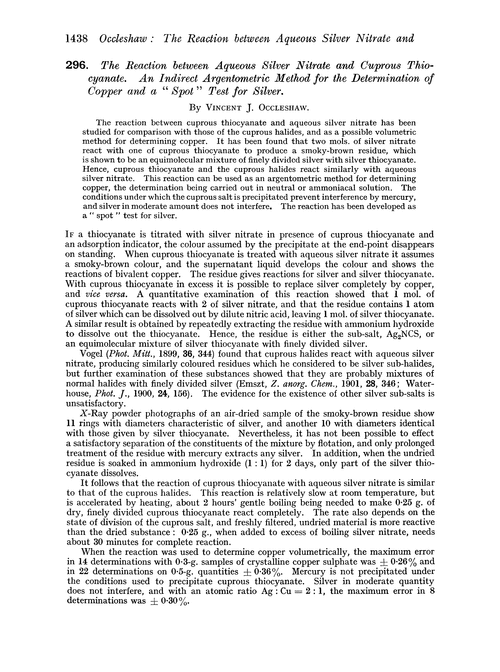 296. The reaction between aqueous silver nitrate and cuprous thiocyanate. An indirect argentometric method for the determination of copper and a “spot” test for silver