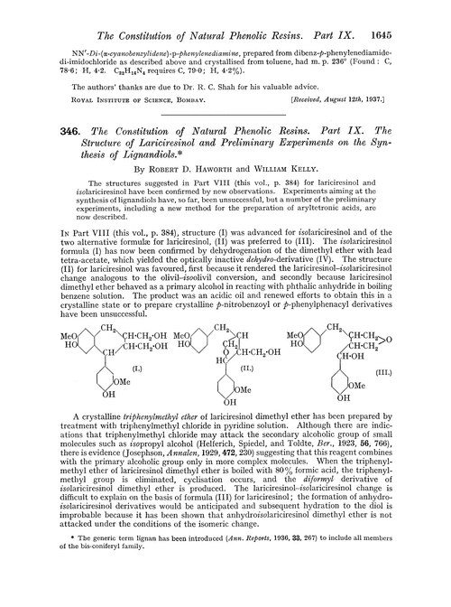 346. The constitution of natural phenolic resins. Part IX. The structure of lariciresinol and preliminary experiments on the synthesis of lignandiols