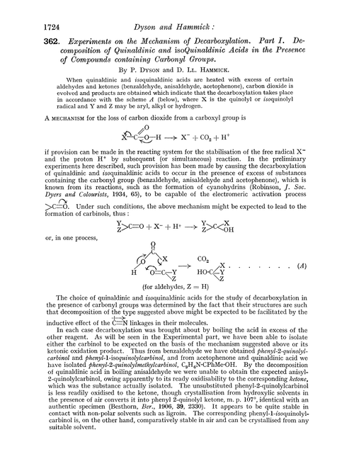 362. Experiments on the mechanism of decarboxylation. Part I. Decomposition of quinaldinic and isoquinaldinic acids in the presence of compounds containing carbonyl groups
