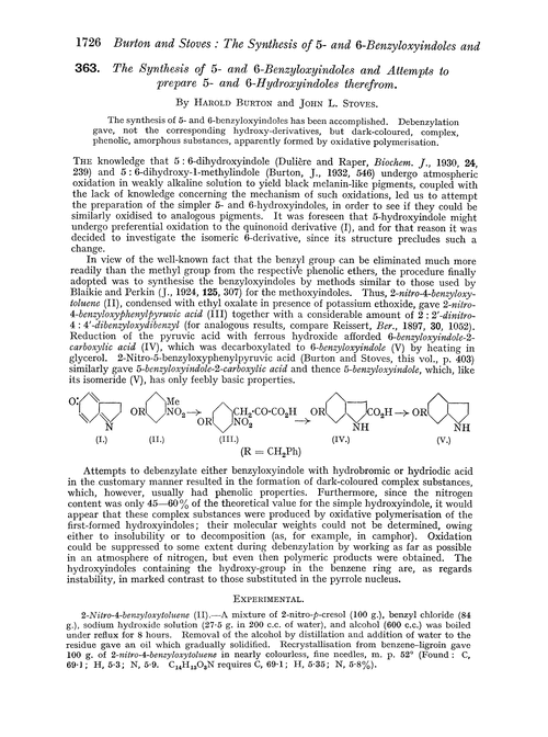 363. The synthesis of 5- and 6-benzyloxyindoles and attempts to prepare 5- and 6-hydroxyindoles therefrom