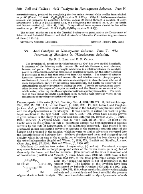 77. Acid catalysis in non-aqueous solvents. Part V. The inversion of menthone in chlorobenzene solution