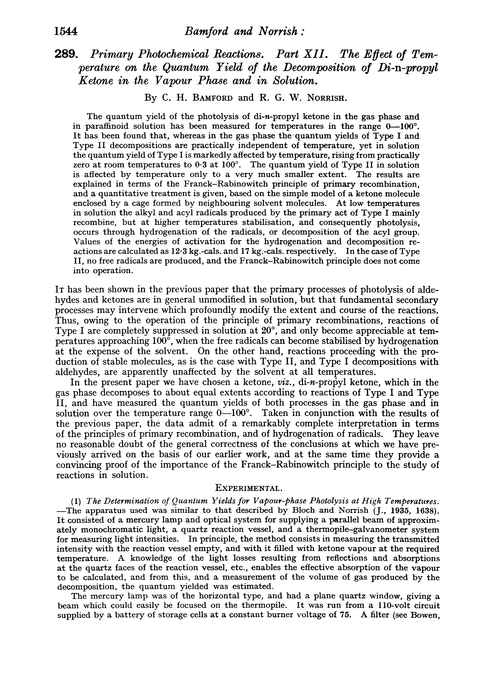 289. Primary photochemical reactions. Part XII. The effect of temperature on the quantum yield of the decomposition of di-n-propyl ketone in the vapour phase and in solution