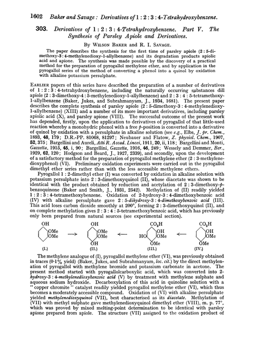 303. Derivatives of 1 : 2 : 3 : 4-tetrahydroxybenzene. Part V. The synthesis of parsley apiole and derivatives