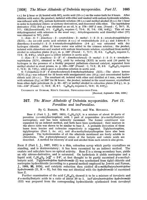 317. The minor alkaloids of Duboisia myoporoides. Part II. Poroidine and isoporoidine