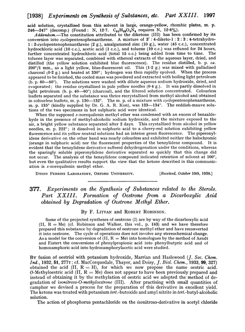 377. Experiments on the synthesis of substances related to the sterols. Part XXIII. Formation of oestrone from a dicarboxylic acid obtained by degradation of oestrone methyl ether