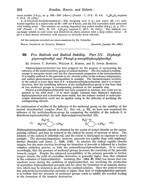 68. Free radicals and radical stability. Part III. Diphenylpiperonylmethyl and phenyl-p-anisyldiphenylylmethyl