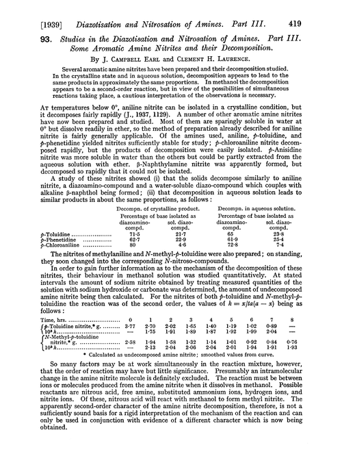 93. Studies in the diazotisation and nitrosation of amines. Part III. Some aromatic amine nitrites and their decomposition