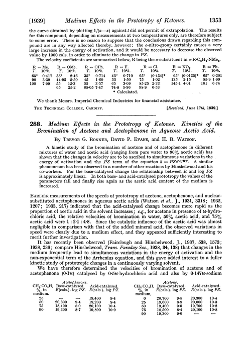 288. Medium effects in the prototropy of ketones. Kinetics of the bromination of acetone and acetophenone in aqueous acetic acid