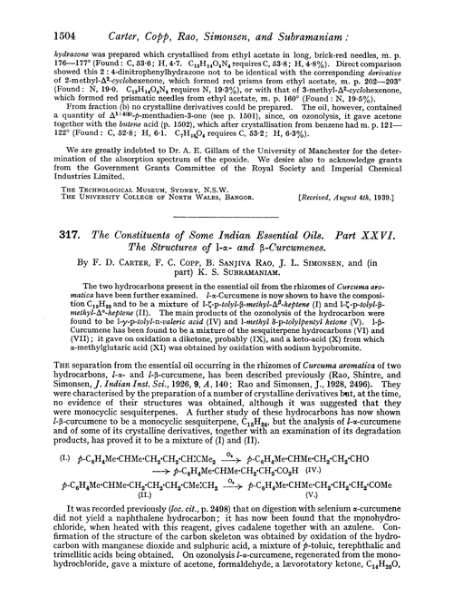 317. The constituents of some Indian essential oil. Part XXVI. The structures of 1-α- and β-curcumenes