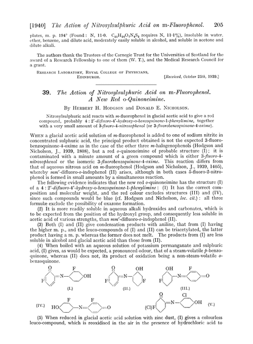 39. The action of nitrosylsulphuric acid on m-fluorophenol. A new red o-quinoneimine