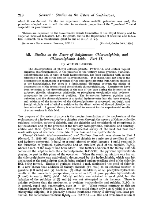 45. Studies on the esters of sulphurous, chlorosulphinic, and chlorosulphonic acids. Part II