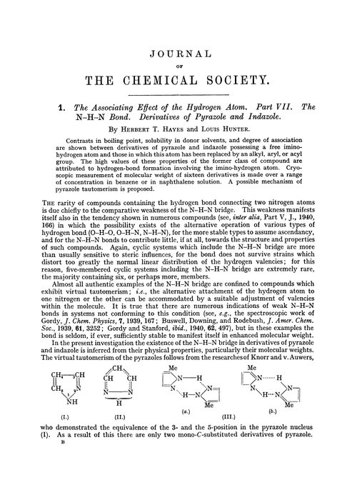 1. The associating effect of the hydrogen atom. Part VII. The N–H–N bond. Derivatives of pyrazole and indazole