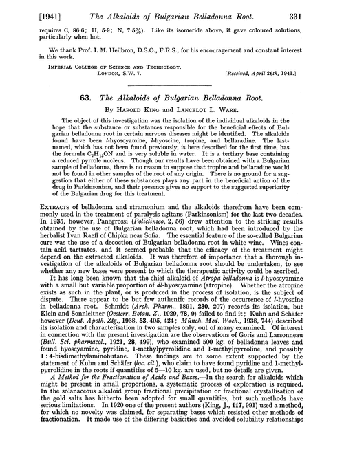 63. The alkaloids of bulgarian belladonna root