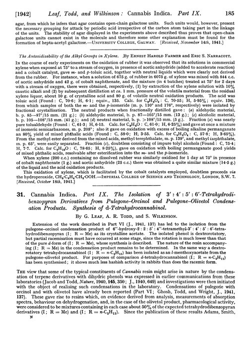 31. Cannabis indica. Part IX. The isolation of 3′ : 4′: 5′: 6′-tetrahydrodibenzopyran derivates from pulegone–orcinol and pulegone–olivetol condensation products. Synthesis of d-tetrahydrocannabinol