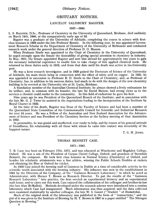 Obituary notices: Lancelot Salisbury Bagster, 1887–1940; Thomas Bennett Case, 1871–1941; William Lash Miller, 1866–1940; Leonard Temple Thorne, 1855–1941