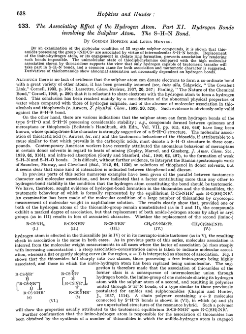 133. The associating effect of the hydrogen atom. Part XI. Hydrogen bonds involving the sulphur atom. The S–H–N bond