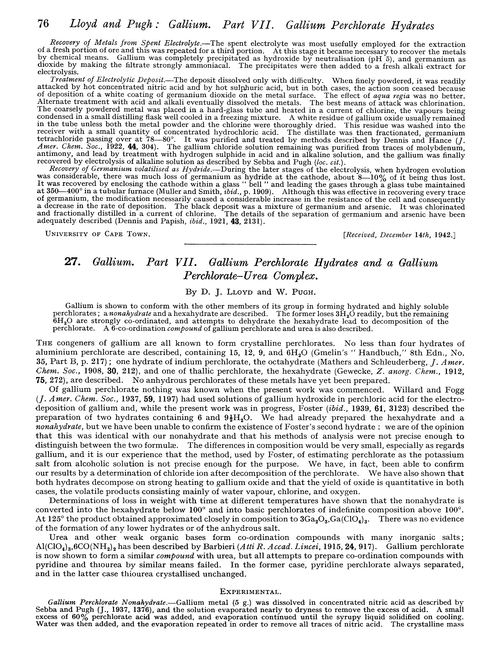 27. Gallium. Part VII. Gallium perchlorate hydrates and a gallium perchlorate–urea complex