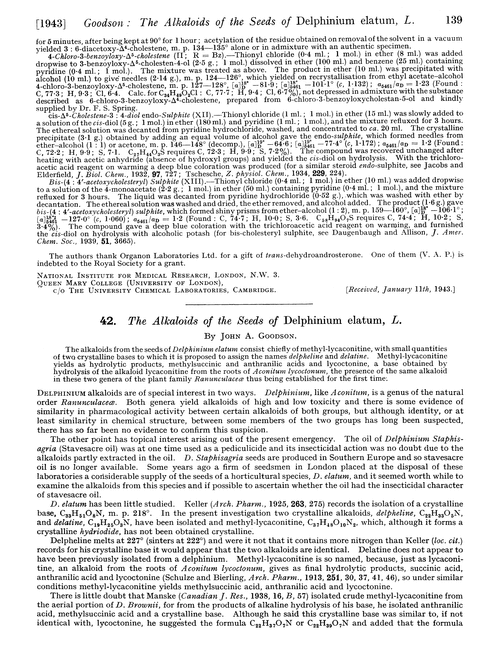 42. The alkaloids of the seeds of Delphinium elatum, L