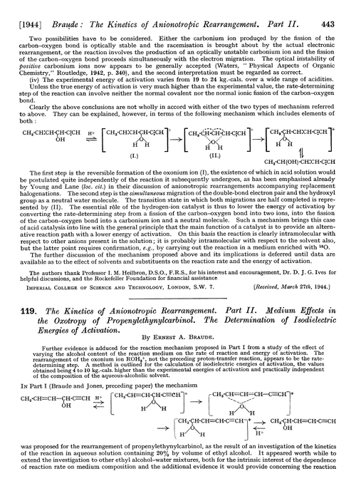 119. The kinetics of anionotropic rearrangement. Part II. Medium effects in the oxotropy of propenylethynylcarbinol. The determination of isodielectric energies of activation