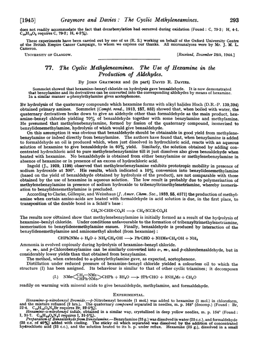 77. The cyclic methyleneamines. The use of hexamine in the production of aldehydes