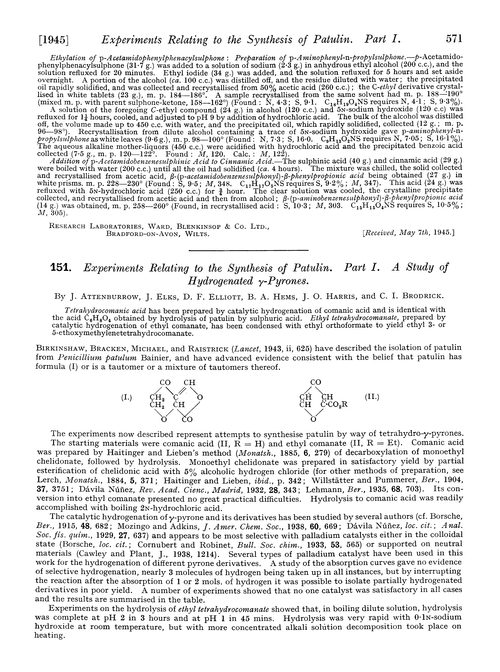 151. Experiments relating to the synthesis of patulin. Part I. A study of hydrogenated γ-pyrones