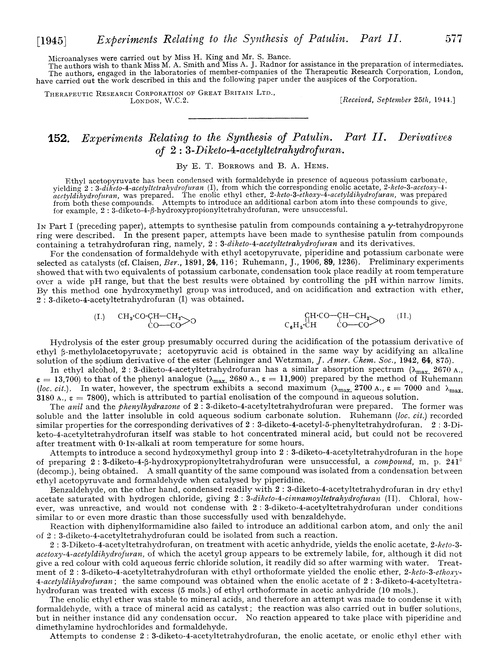 152. Experiments relating to the synthesis of patulin. Part II. Derivatives of 2 : 3-diketo-4-acetyltetrahydrofuran