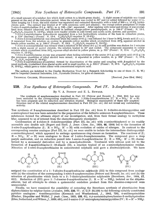 158. New syntheses of heterocyclic compounds. Part IV. 3-Azaphenthiazines