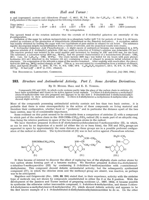 183. Structure and antimalarial activity. Part I. Some acridine derivatives