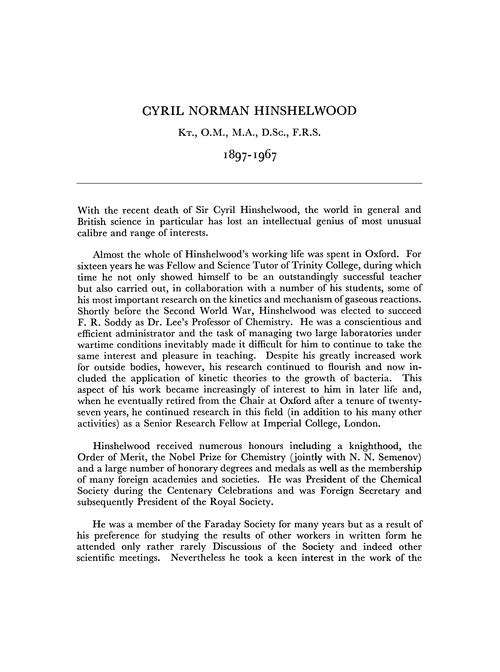 Obituary: Cyril Norman Hinshelwood, Kt., O.M., M.A., D.Sc., F.R.S., 1897–1967