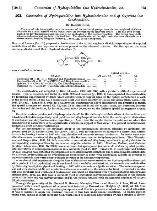 102. Conversion of hydroquinidine into hydrocinchonine and of cupreine into cinchonidine