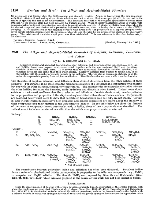 250. The alkyl- and aryl-substituted fluorides of sulphur, selenium, tellurium, and iodine