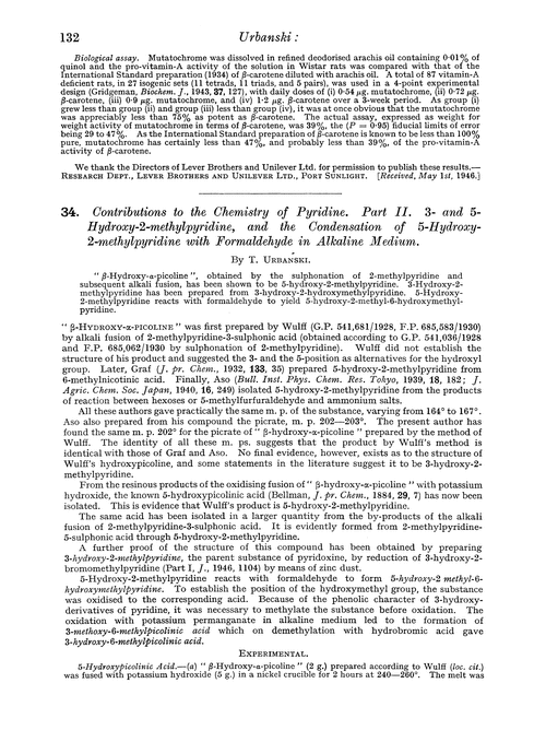 34. Contributions to the chemistry of pyridine. Part II. 3- and 5-Hydroxy-2-methylpyridine, and the condensation of 5-hydroxy-2-methylpyridine with formaldehyde in alkaline medium