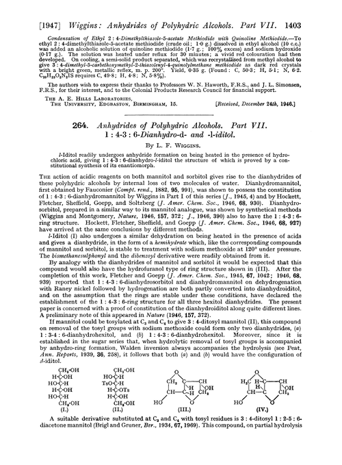 264. Anhydrides of polyhydric alcohols. Part VII. 1 : 4-3 : 6-Dianhydro-d- and -l-iditol