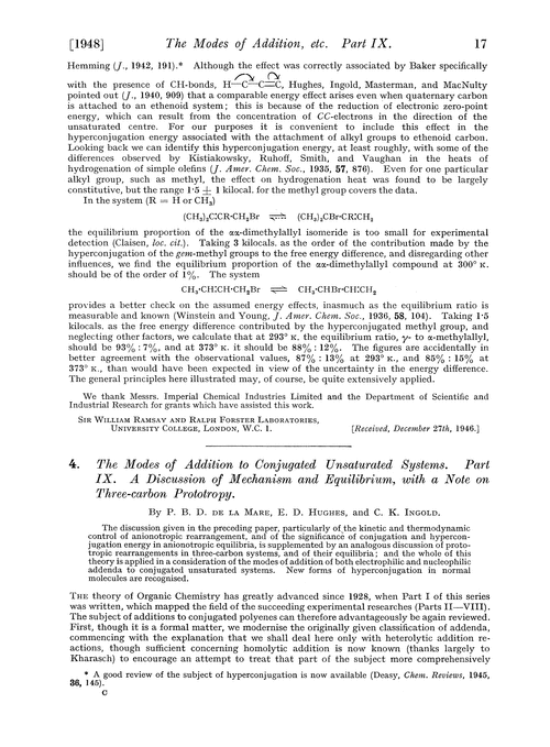 4. The modes of addition to conjugated unsaturated systems. Part IX. A discussion of mechanism and equilibrium, with a note on three-carbon prototropy