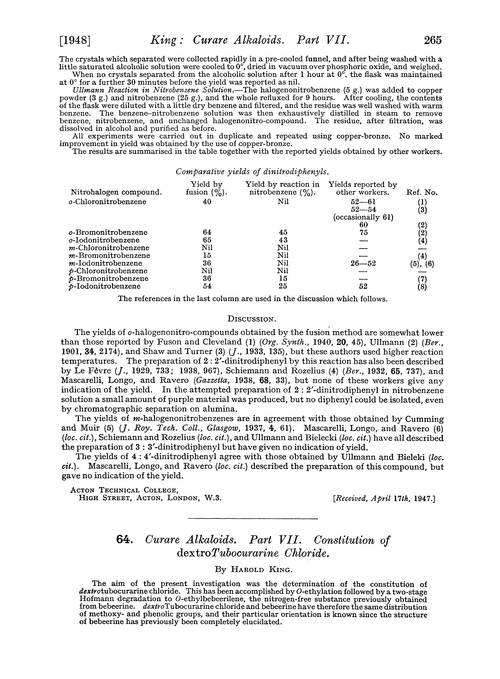 64. Curare alkaloids. Part VII. Constitution of dextrotubocurarine chloride