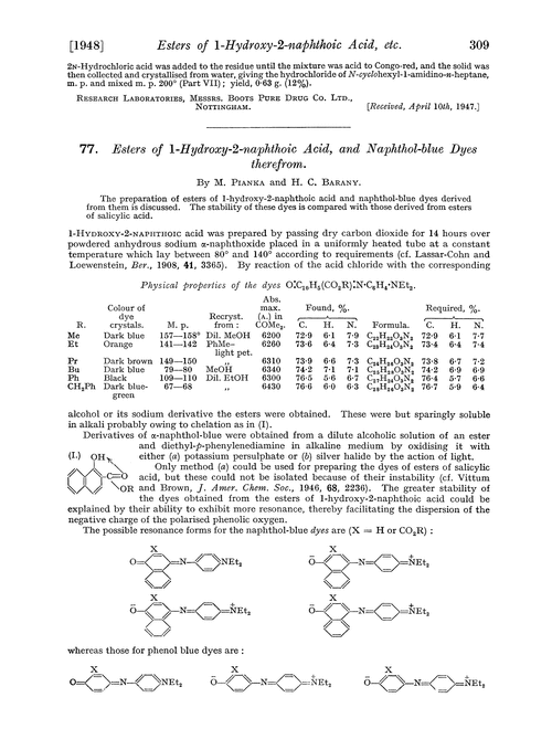 77. Esters of 1-hydroxy-2-naphthoic acid, and naphthol-blue dyes therefrom