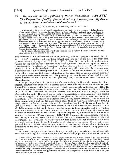 183. Experiments on the synthesis of purine nucleosides. Part XVII. The preparation of 4-glycofuranosidaminopyrimidines, and a synthesis of 9-L-arabofuranosido-2-methylthioadenine