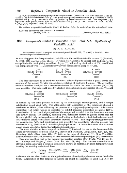 303. Compounds related to penicillic acid. Part III. Synthesis of penicillic acid