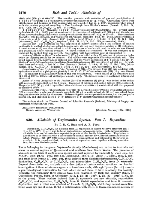 438. Alkaloids of Daphnandra species. Part I. Repandine