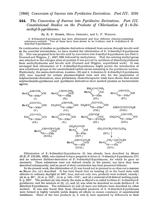 444. The conversion of sucrose into pyridazine derivatives. Part III. Constitutional studies on the products of chlorination of 2 : 6-dimethyl-3-pyridazone
