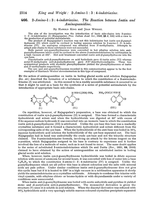 466. 2-amino-1 : 3 : 4-indotriazine. The reaction between isatin and aminoguanidine