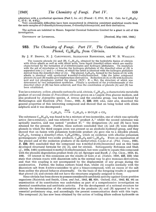 183. The chemistry of fungi. Part IV. The constitution of the phenol, C11H16O3, from citrinin