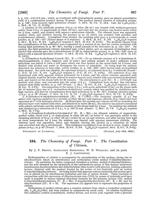 184. The chemistry of fungi. Part V. The constitution of citrinin