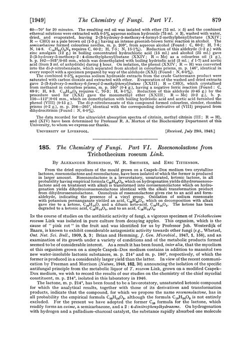 185. The chemistry of fungi. Part VI. Rosenonolactone from Trichothecium roseum link