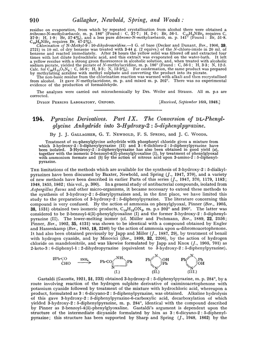 194. Pyrazine derivatives. Part IX. The conversion of DL-phenylglycine anhydride into 3-hydroxy-2 : 5-diphenylpyrazine