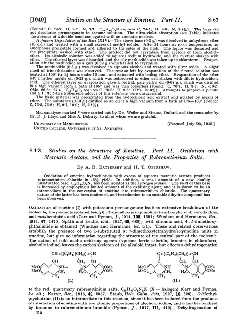 S 12. Studies on the structure of emetine. Part II. Oxidation with mercuric acetate, and the properties of rubremetinium salts