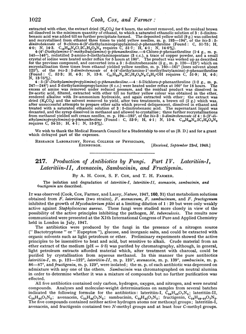 217. Production of antibiotics by fungi. Part IV. Lateritiin-I, lateritiin-II, avenacein, sambucinin, and fructigenin