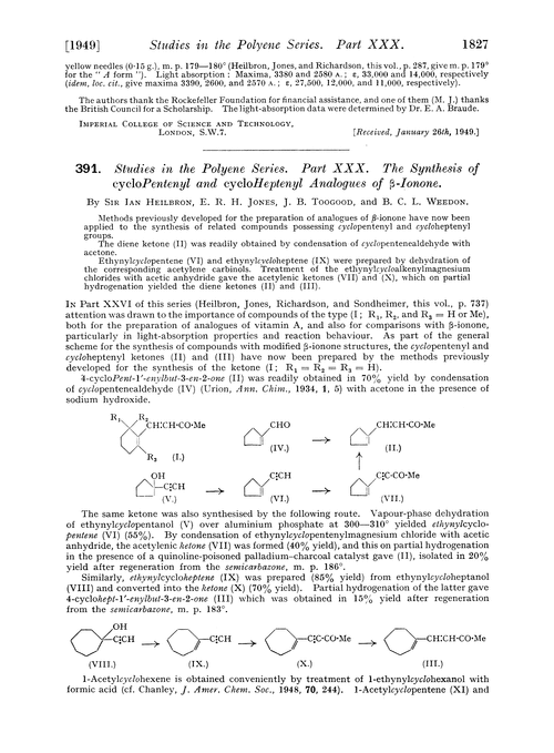 391. Studies in the polyene series. Part XXX. The synthesis of cyclopentenyl and cycloheptenyl analogues of β-ionone