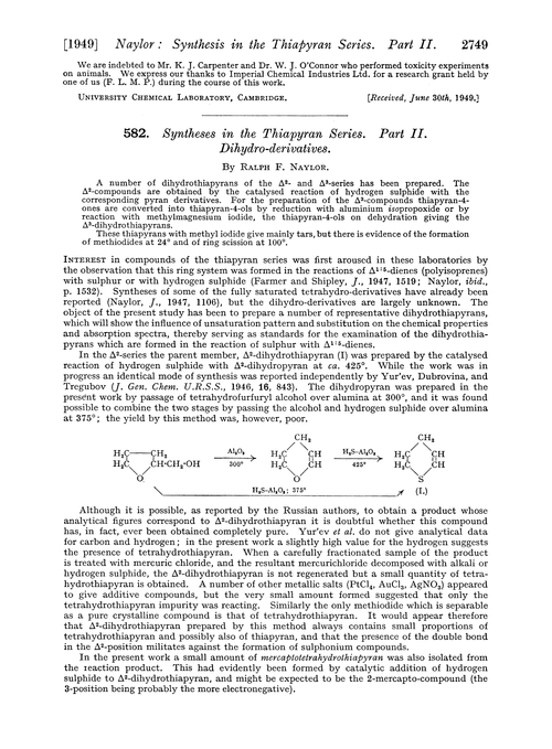 582. Syntheses in the thiapyran series. Part II. Dihydro-derivatives